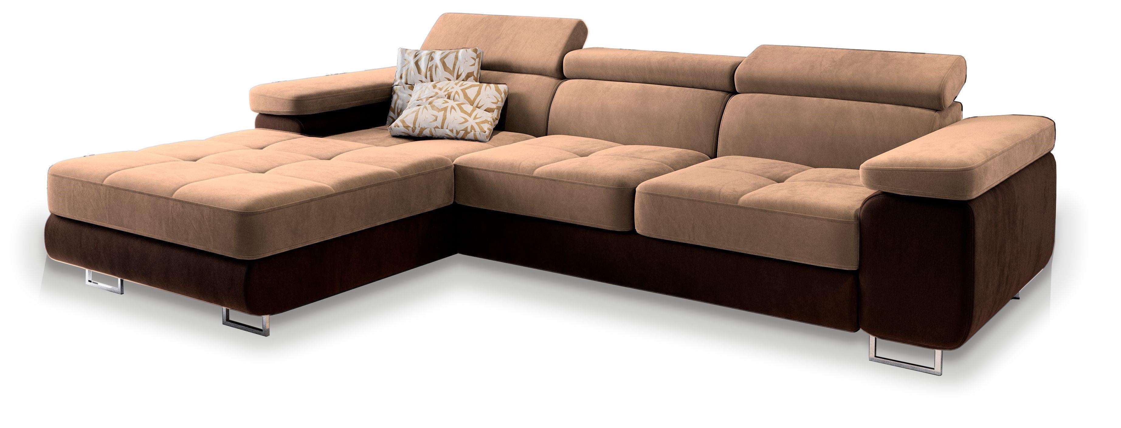 ECKSOFA ELMA L-S Beige Velours-Stoff mit Schlaffunktion - Beige/Silberfarben, Holz/Textil (280/205cm) - MASSENO