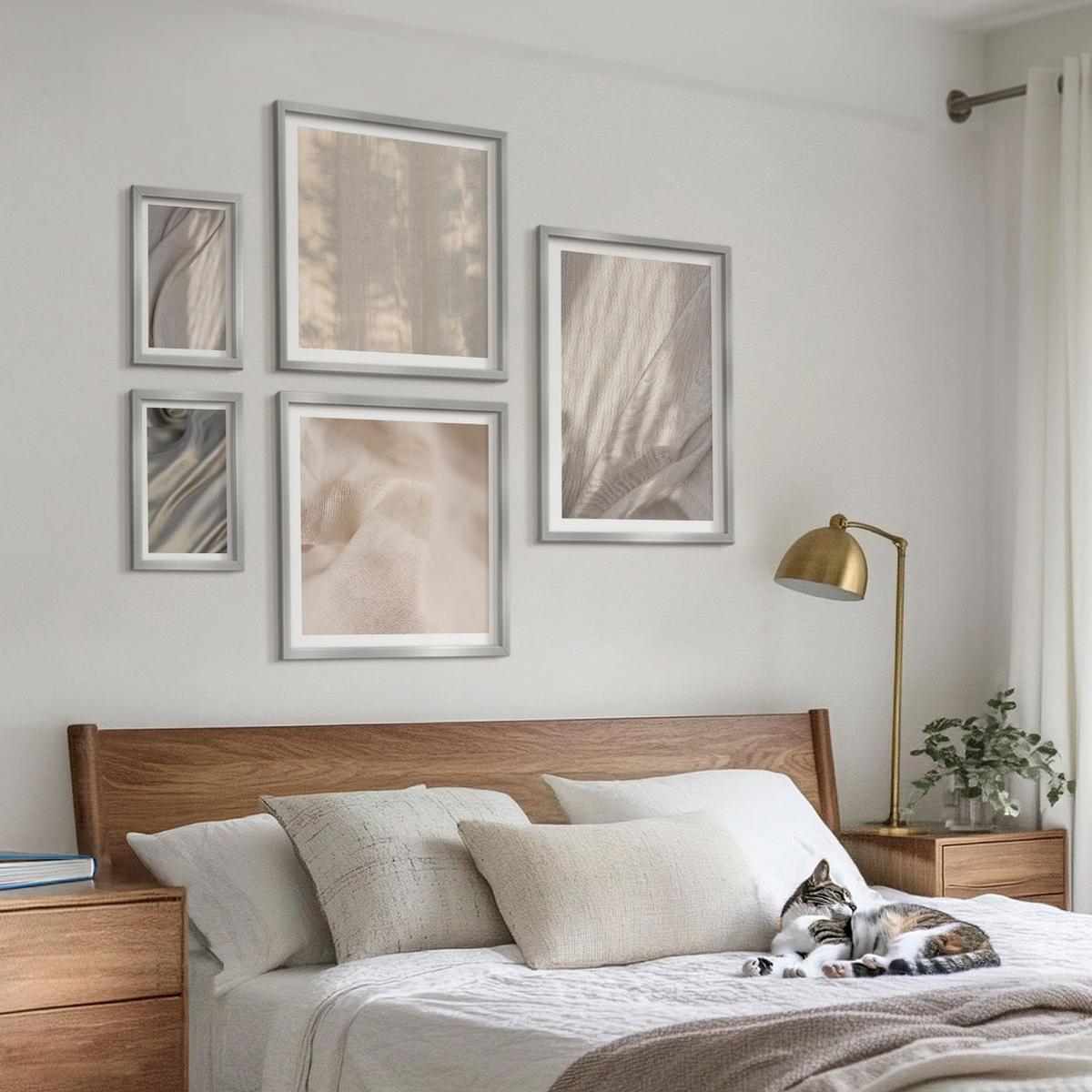 BILDER SET 5er Set - 50x50 cm & 20x30 cm & 40x60 cm Silberner Rahmen - Nahaufnahme von natürlichen Boho-Stoffen - Silberfarben, Kunststoff (40/60cm) - TULUP