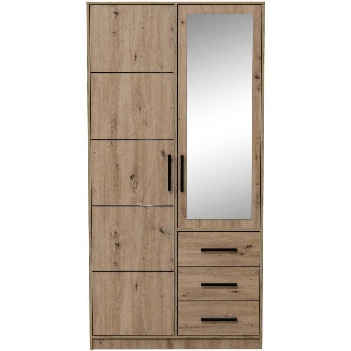 DREHTÜRENSCHRANK Kavo mit Spiegel und 2 Türen, eiche Artisan - Schwarz/Eiche Artisan, Holzwerkstoff (100/200/58cm) - Beautysofa