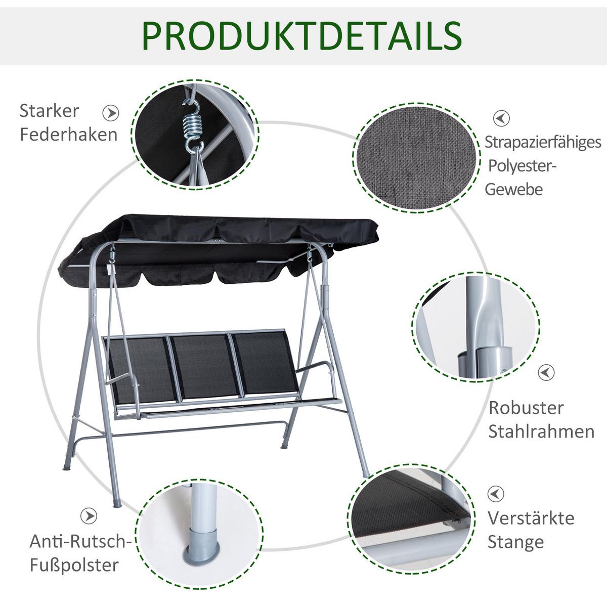 HOLLYWOODSCHAUKEL, mit Dach, Metall, Schwarz+Silber, 171 x 108 x 154 cm - Schwarz, Metall (108/154/171cm) - Outsunny