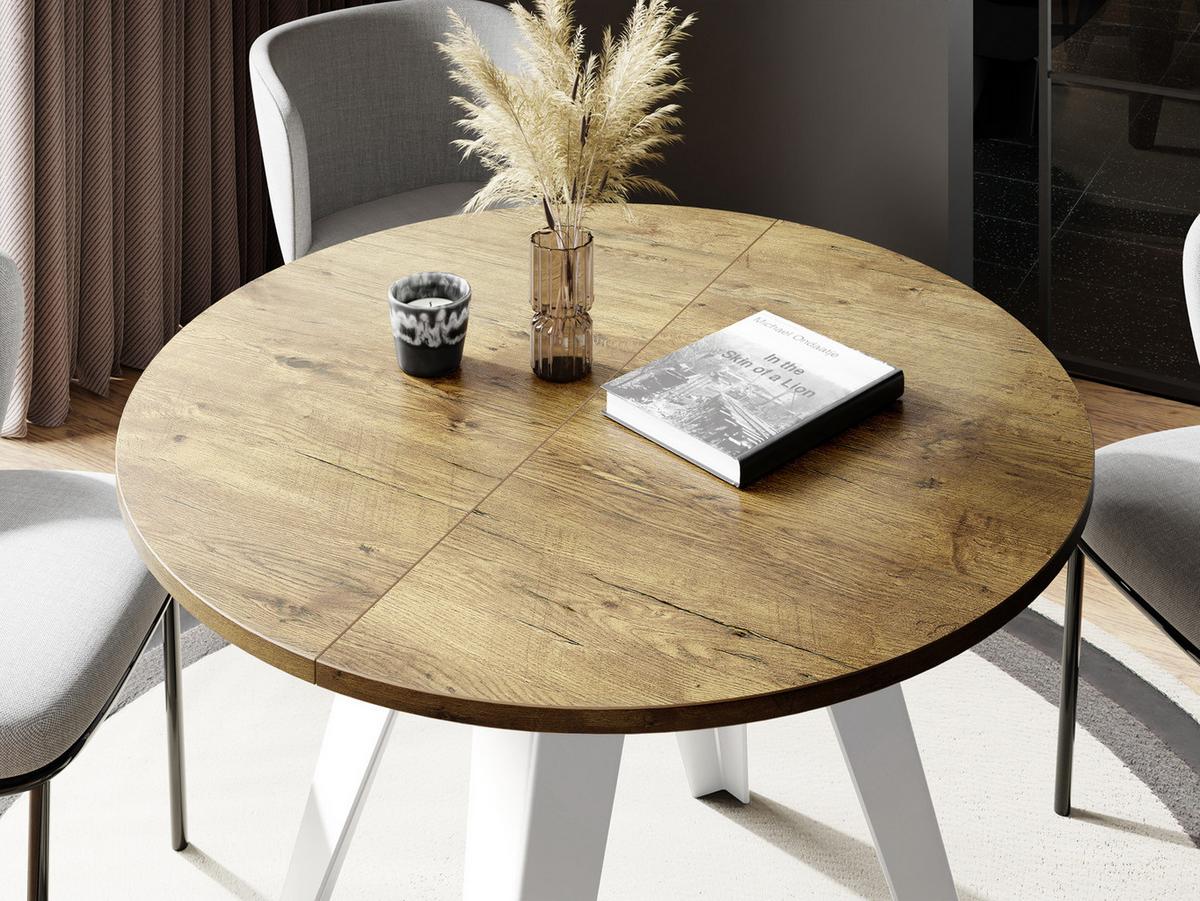 ESSTISCH Griffin runder ausziehbarer, Lancelot Eiche 90-130/100/76 cm - Eichefarben/Weiß, Holzwerkstoff/Metall (90/130/76cm) - WFL GROUP