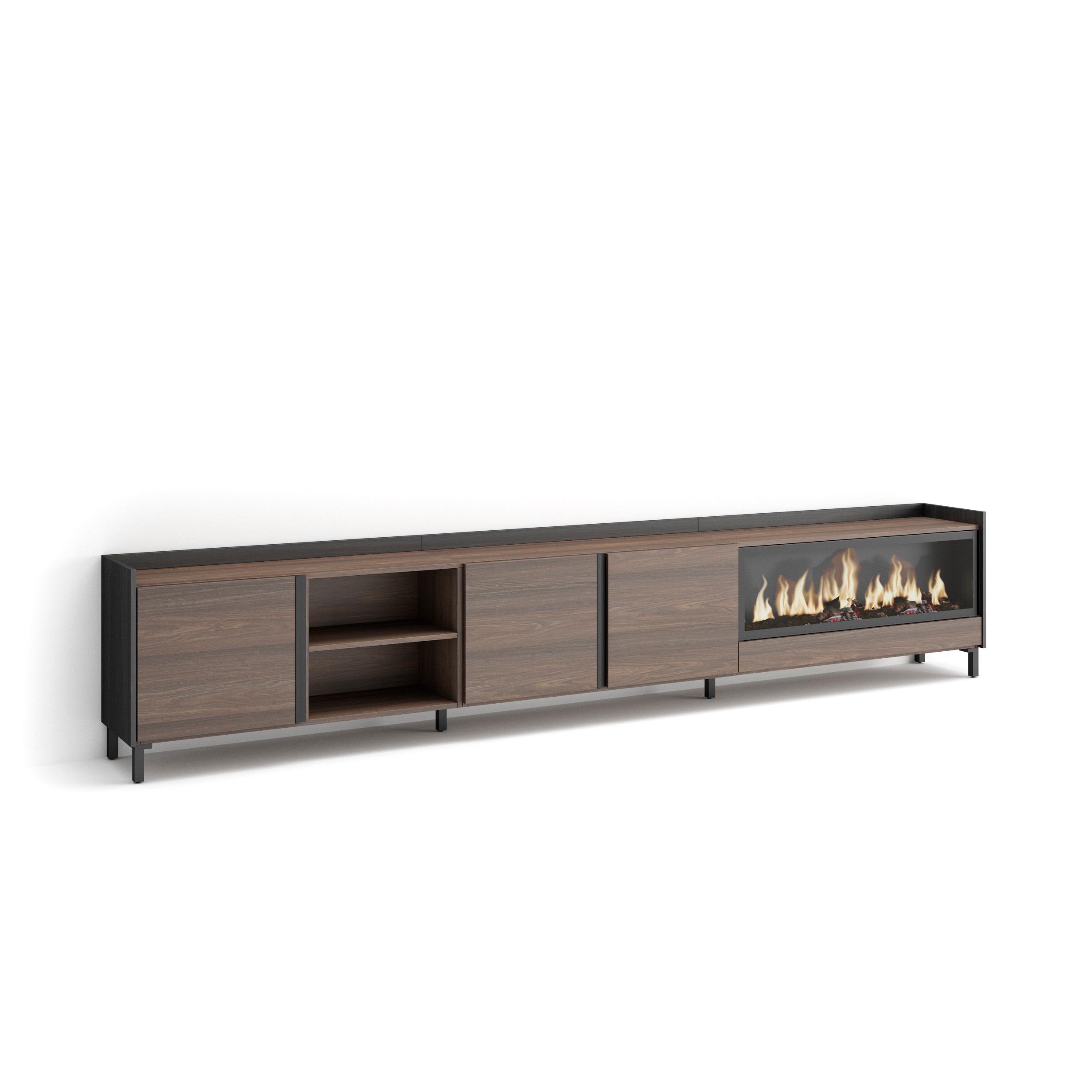 LOWBOARD, Eiche und Schwarz, 315/35/61cm, Kamin mit Feuereffekt XXL - Dunkelbraun, Holzwerkstoff (315/61/35cm) - Skraut Home