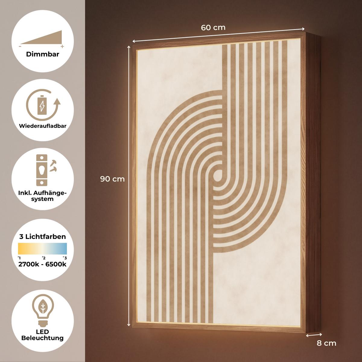 WANDLEUCHTE MIT AKKU Symmetrische Biegung - kupferfarbig 60x90 cm - Beige, Holzwerkstoff (60/90/8cm) - OnlyWow
