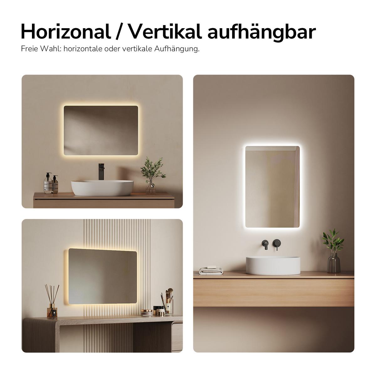 BADSPIEGEL LED abgerundet Kaltweiß/Warmweiß Wippschalter seitlich 60/40 cm - Transparent, Glas (60/40/3.6cm) - EMKE