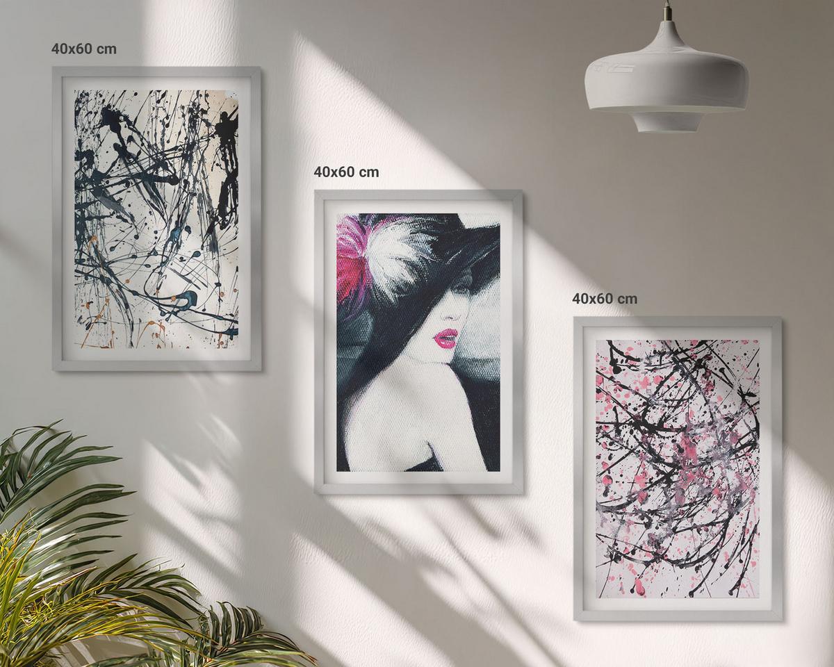 BILDER SET 3er Set - 40x60 cm Silberner Rahmen - Abstrakte Farbmuster Hut - Silberfarben, Kunststoff (40/60cm) - TULUP