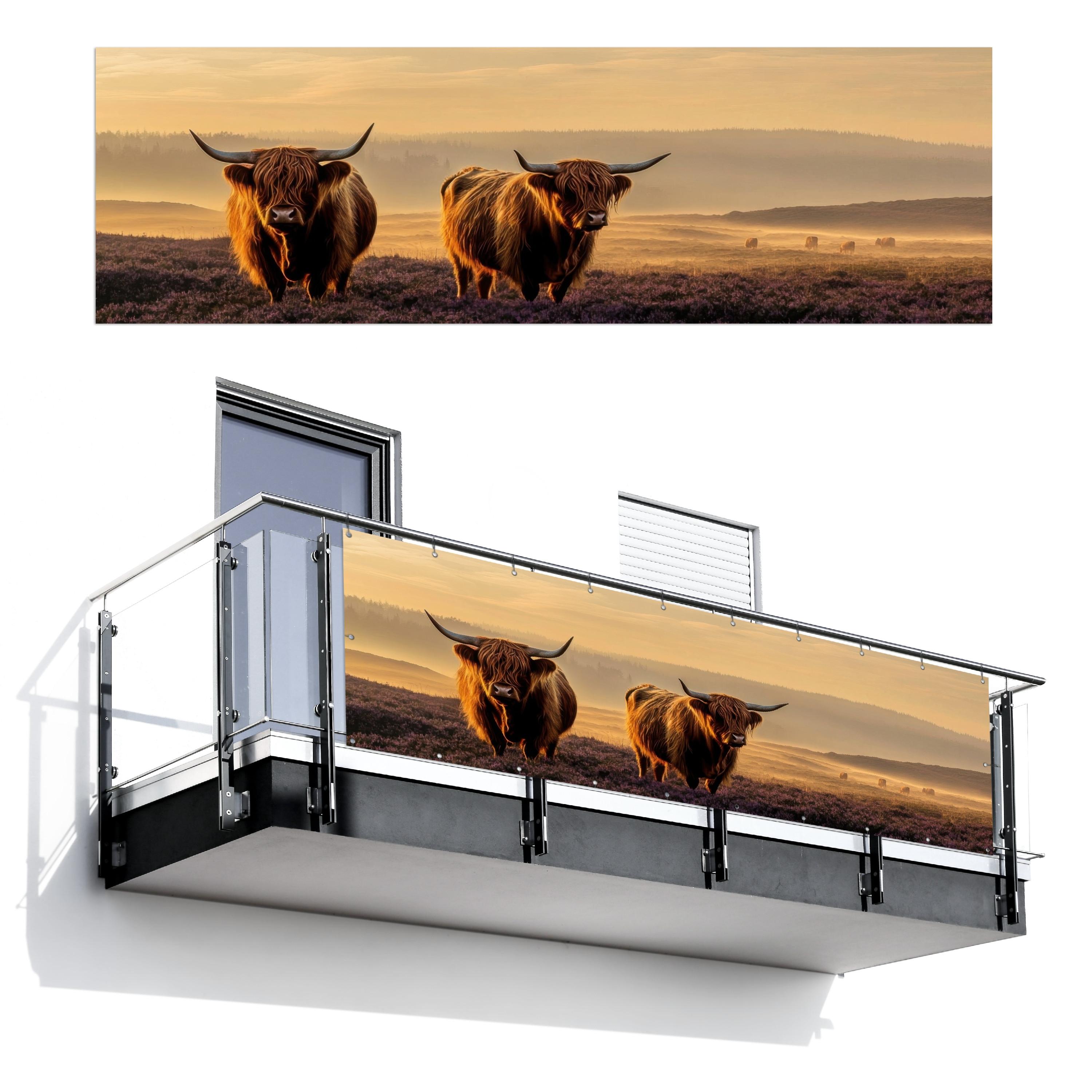BALKON-SICHTSCHUTZ Schottische Hochlandbewohner - Heide - Landschaft - Tiere Windschutz 300x95 cm - Cognac, Kunststoff (300/95cm) - MuchoWow