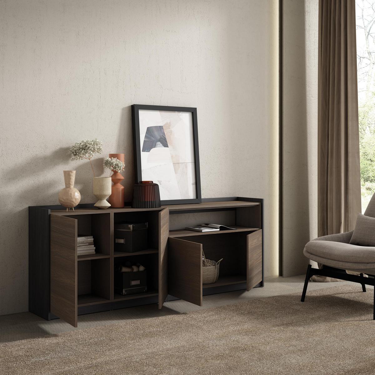 SIDEBOARD, Highboard, Dunkler Eiche und Schwarz, 207/37/80cm - Hellbraun, Holzwerkstoff (207/80/37cm) - Skraut Home