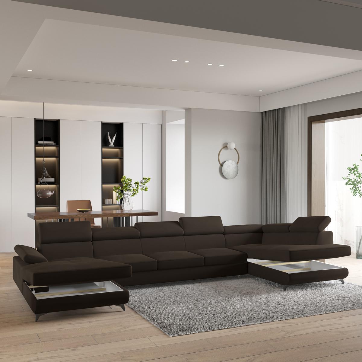 WOHNLANDSCHAFT MONTIVA Braun Velours-Stoff mit Schlaffunktion - Braun, Holz (410/89/190cm) - MASSENO