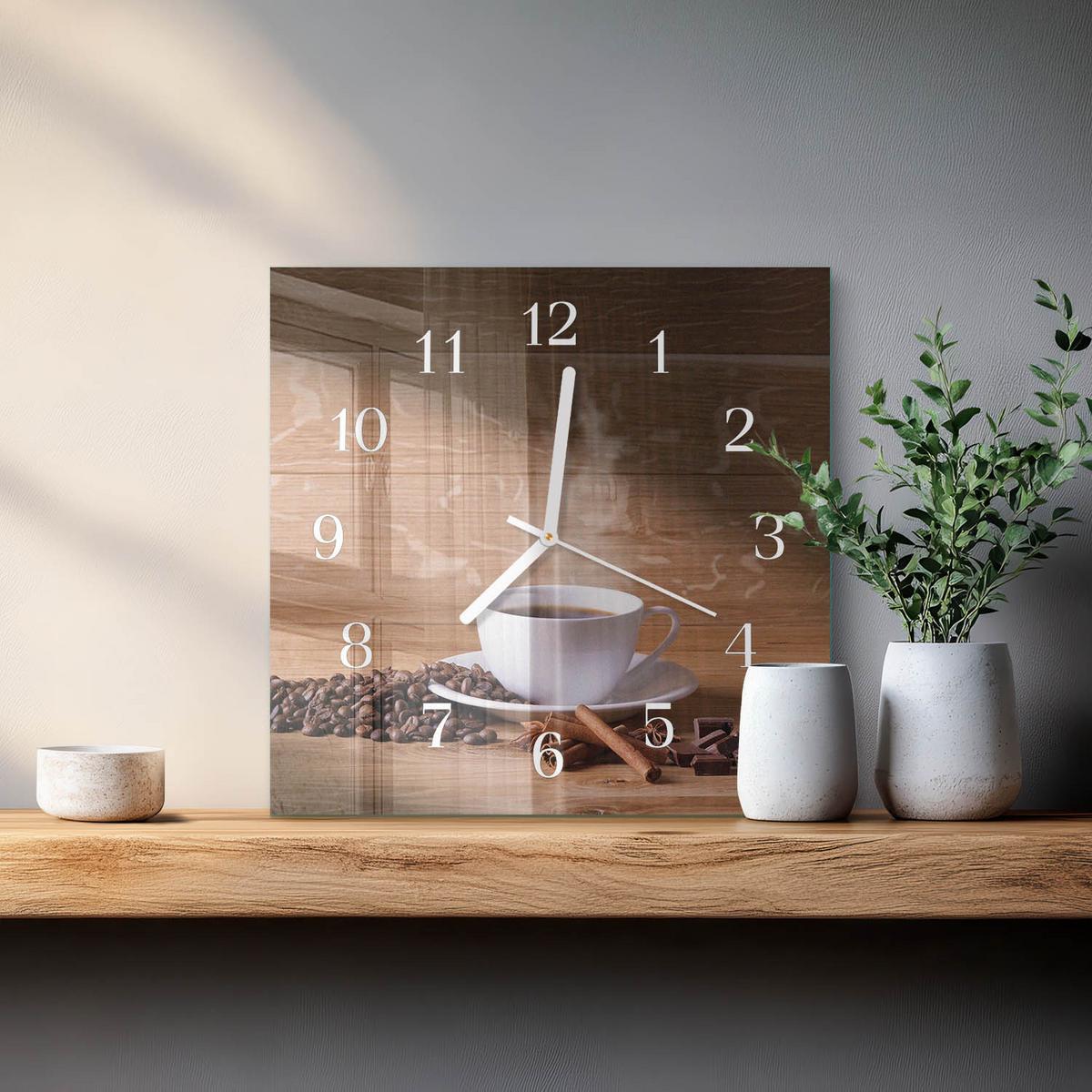 WANDUHR aus Glas 30x30 cm - Kaffee - Braun, Glas (30/30/0.4cm) - TULUP