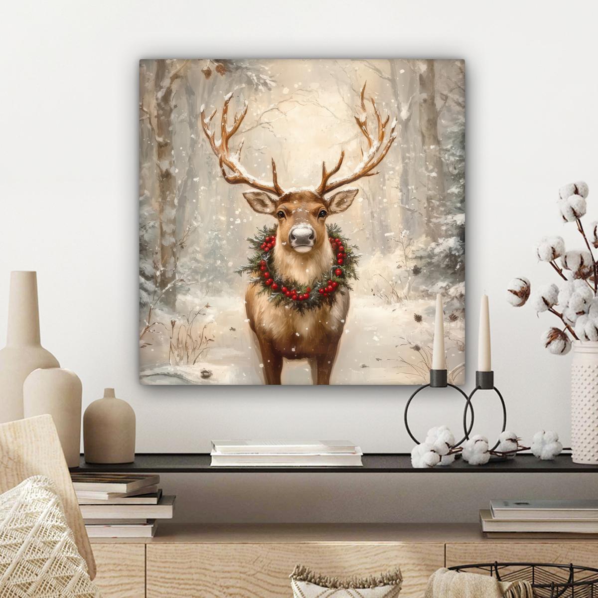 LEINWANDBILD Weihnachten - Rentier - Winter - Kranz Wandbild Wohnzimmer 50x50 cm - Naturfarben, Textil (50/50cm) - MuchoWow