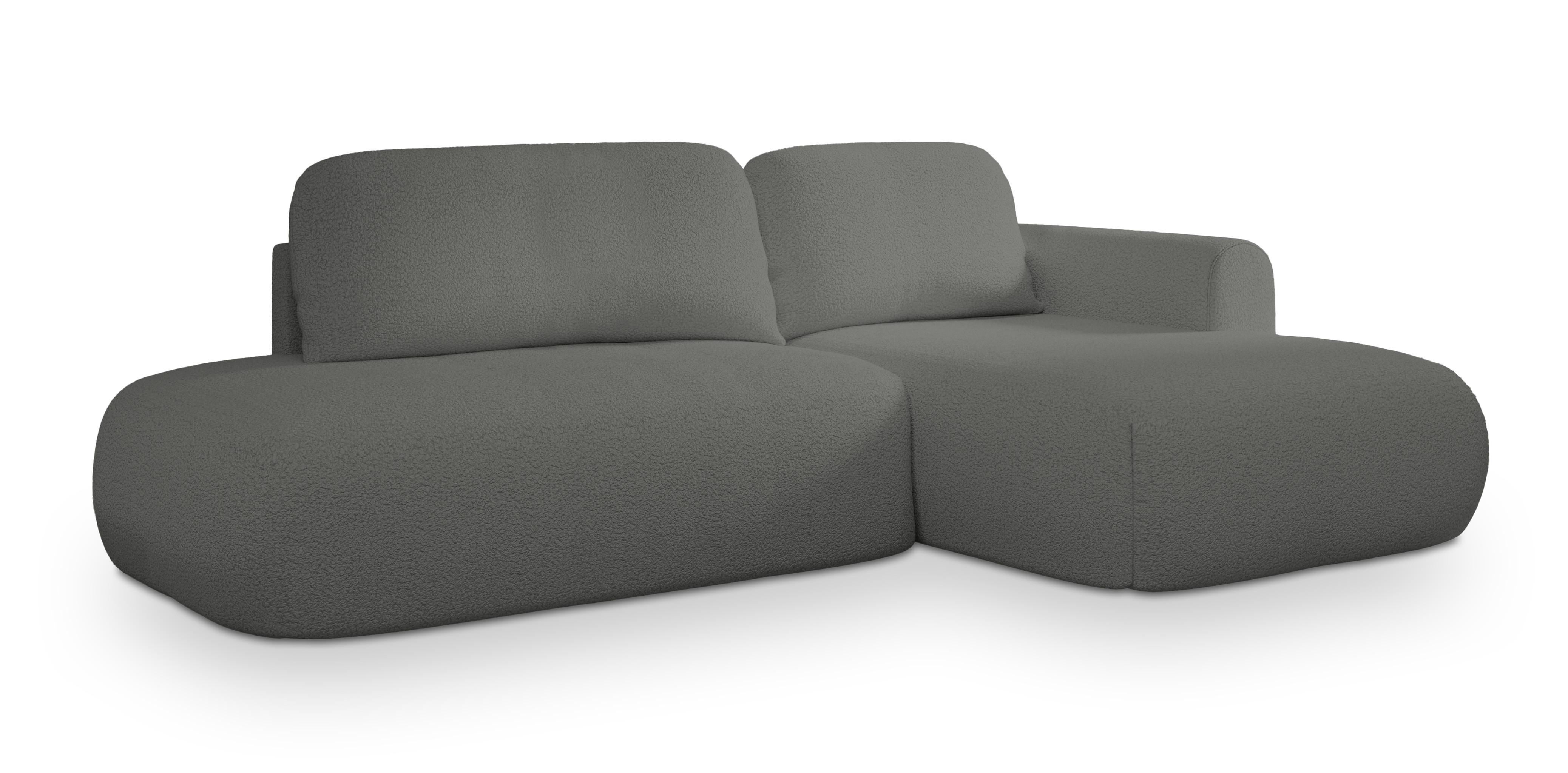 ECKSOFA NUVIRA R-S Grau Boucle-Stoff mit Schlaffunktion - Grau, Holz (279/158cm) - MASSENO