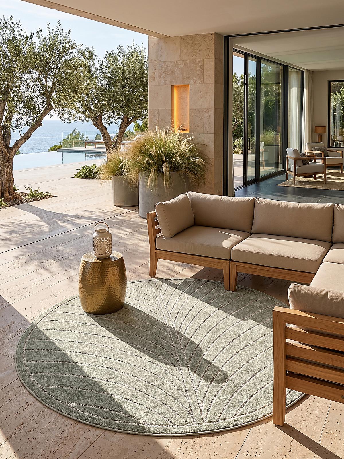 TEPPICH Outdoor, Fußbodenheizung-geeignet, mit Blattmotiv, aus Polypropylen, ENGADIN in Salbeigrün, Ø 120 cm - Grün, Textil (120/120cm) - KADIMA DESIGN