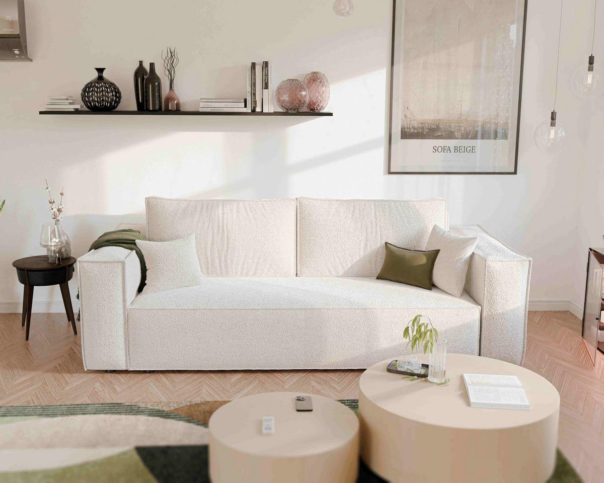 SOFA 3-Sitzer mit Schlaffunktion und Bettkasten, Creme - Beige/Creme, Holzwerkstoff/Textil (240/84/105cm) - Idohome
