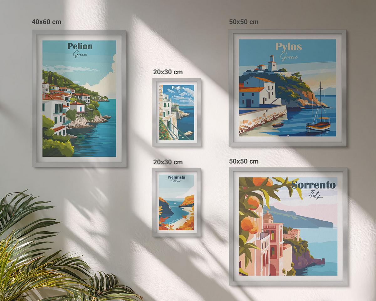 BILDER SET 5er Set - 50x50 cm & 20x30 cm & 40x60 cm Silberner Rahmen - Farbenfrohe Illustrationen von Retro-Städten - Silberfarben, Kunststoff (40/60cm) - TULUP