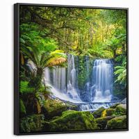 LEINWAND Bilder mit Rahmen - Dschungel - Wasserfall - Australien - Pflanzen - Natur - 50x50 - Dunkelgrün, Textil (50/50cm) - MuchoWow