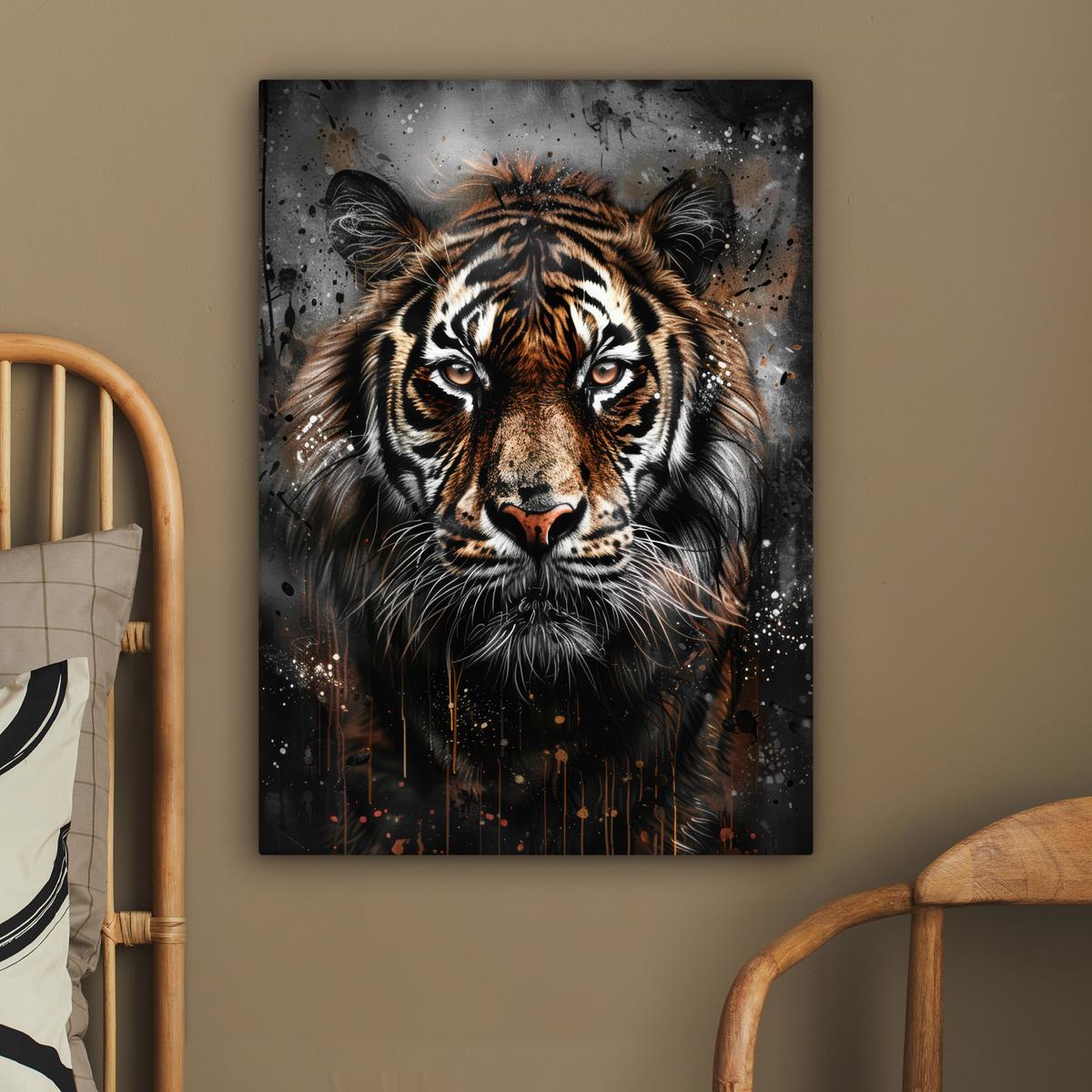 LEINWANDBILD Tiger - Tiere - Porträt - Luxus - Schwarz Wandbild Wohnzimmer 60x80 cm - Anthrazit, Textil (60/80cm) - MuchoWow