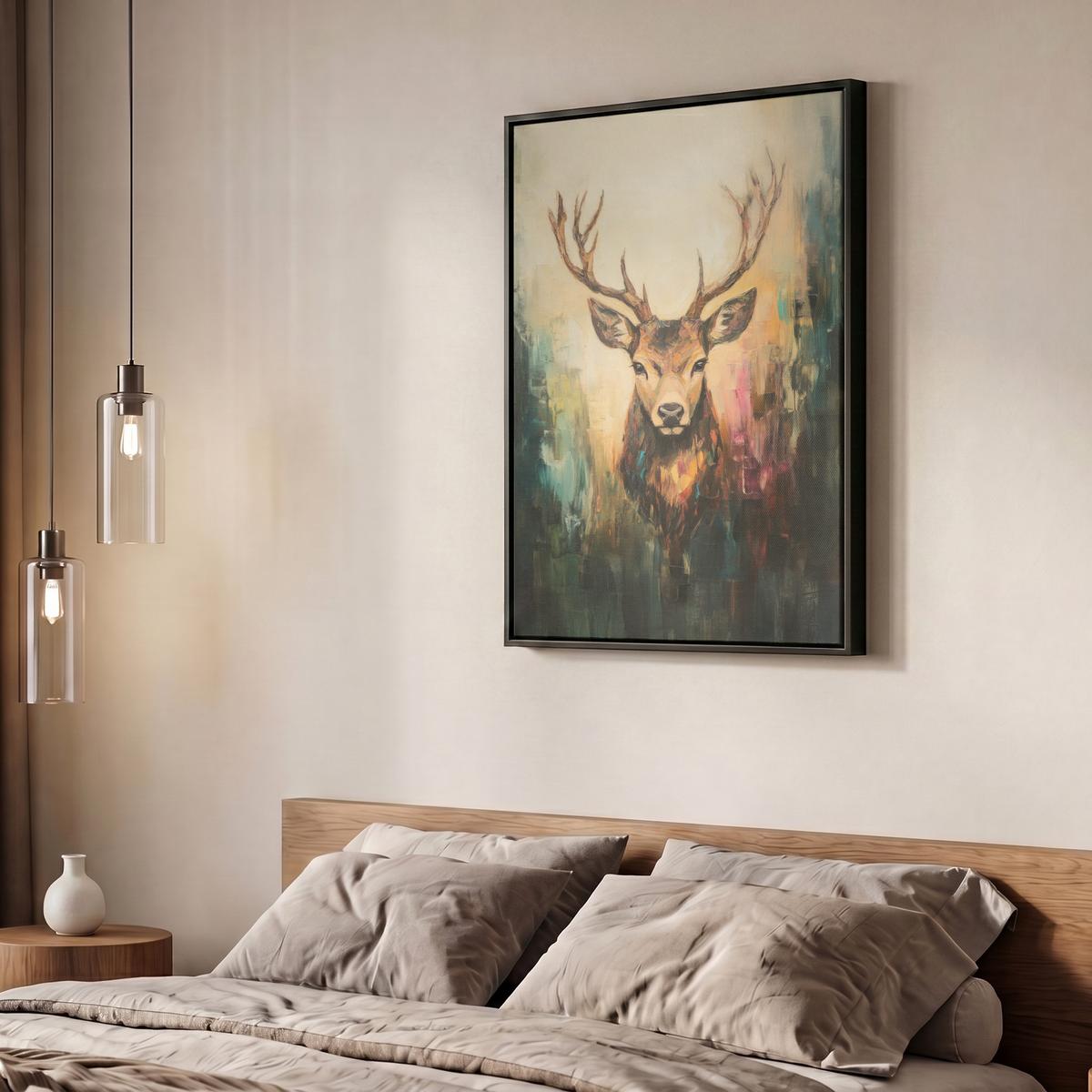 LEINWAND Bilder mit Rahmen - Hirsch - Gemalt - Geweih - Braun - 50x70 - Haselnussfarben, Textil (50/70cm) - MuchoWow