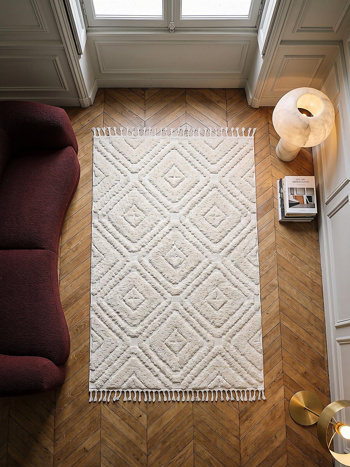 TEPPICH Hochflor, mit Fransen, TALLA, in Creme, Rautenmuster, 133 x 190 cm - Beige, Textil (133/190cm) - KADIMA DESIGN
