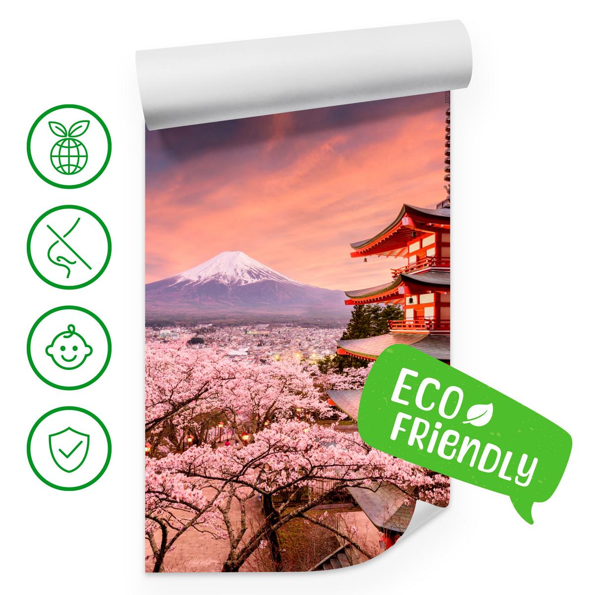 FOTOTAPETE Pagode Berg Fuji Sakura Landschaft 3D 100x70 - Rot/Violett, Papier (100/70cm) - Muralo