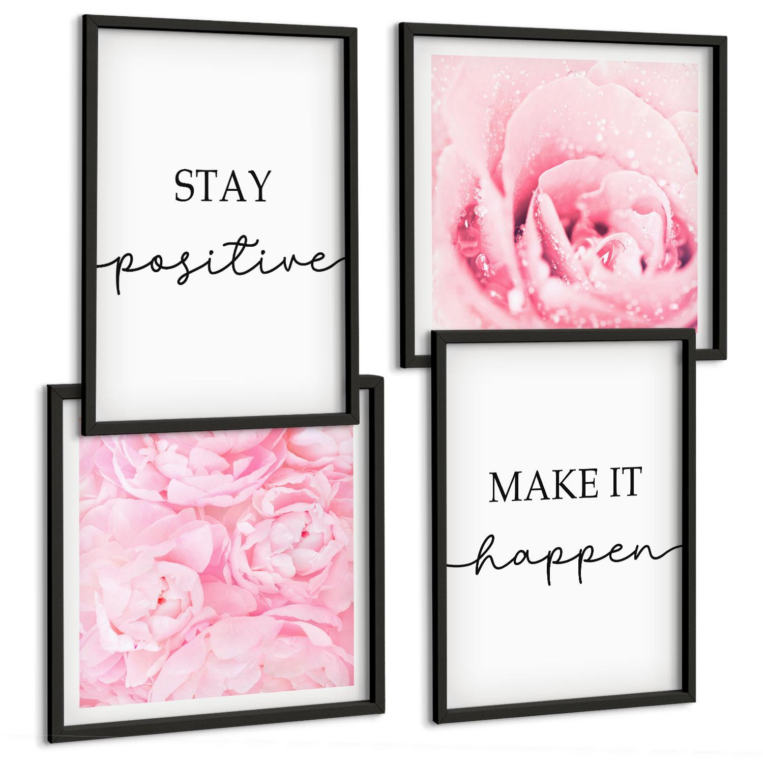 BILDER SET 4er Set - 50x50 cm & 40x60 cm Schwarzer Rahmen - Minimalistische rosa Blüten - Schwarz, Kunststoff (50/50cm) - TULUP