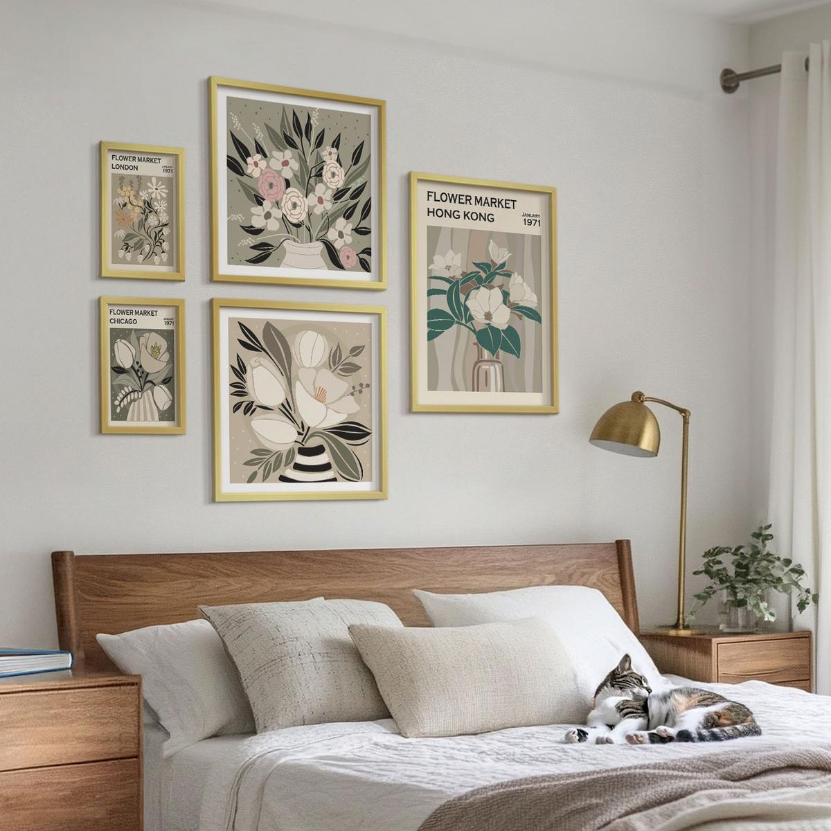 BILDER SET 5er Set - 50x50 cm & 20x30 cm & 40x60 cm Goldrahmen - Blumenillustrationen London Hongkong - Goldfarben, Kunststoff (40/60cm) - TULUP
