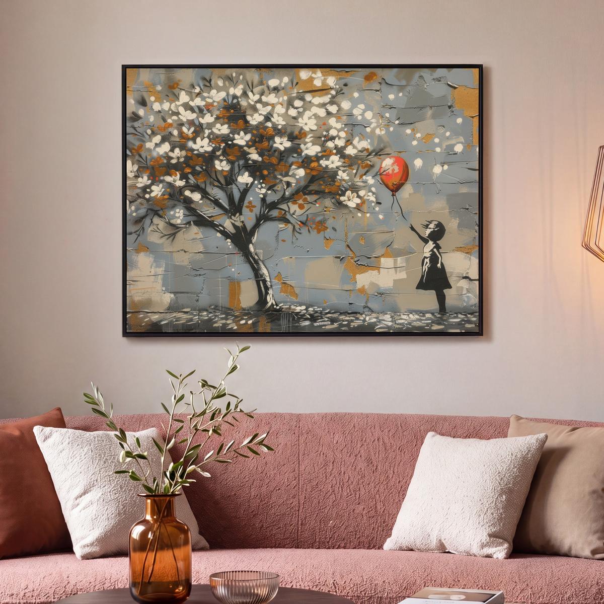 LEINWAND Bilder mit Rahmen - Baum - Graffiti - Banksy-Stil - Ballon-Mädchen - 100x70 - Blaugrau, Textil (100/70cm) - MuchoWow