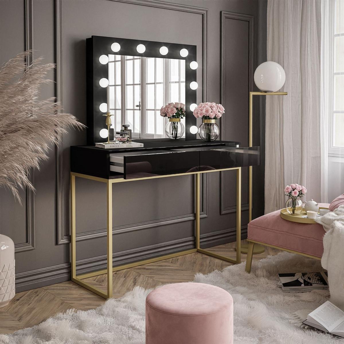 SCHMINKTISCH BLANCO GOLD mit Spiegel und Beleuchtung Schwarz PUSH OPEN - Goldfarben/Schwarz, Holzwerkstoff (100/146/42cm) - Lookway