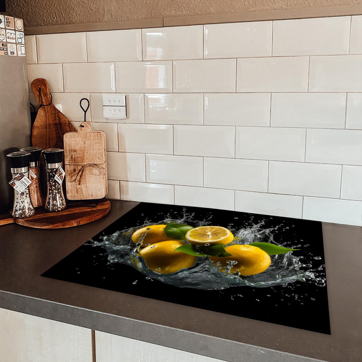 HERDABDECKPLATTE Zitrone - Obst - Gelb - Schwarz Herdabdeckung Induktionsfeld 65x52 cm - Gelb, Kunststoff (65/52/0.2cm) - MuchoWow