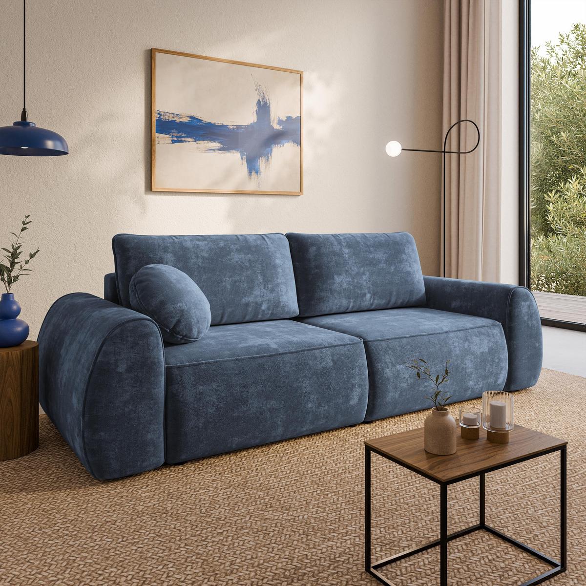 BETTSOFA ZEFEO Blau Chenille-Stoff mit Schlaffunktion - Blau, Textil (264/96/106cm) - MASSENO