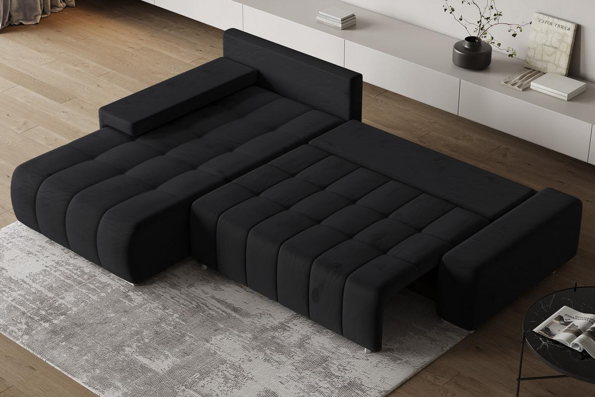 ECKSOFA ALESE L-S Schwarz Velours-Stoff mit Schlaffunktion - Silberfarben/Schwarz, Holz/Textil (265/185cm) - MASSENO