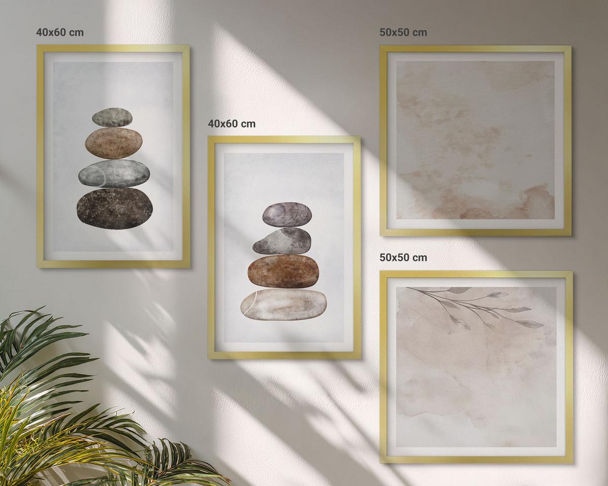 BILDER SET 4er Set - 50x50 cm & 40x60 cm Goldrahmen - Steinstapel-Boho-Malerei - Goldfarben, Kunststoff (50/50cm) - TULUP