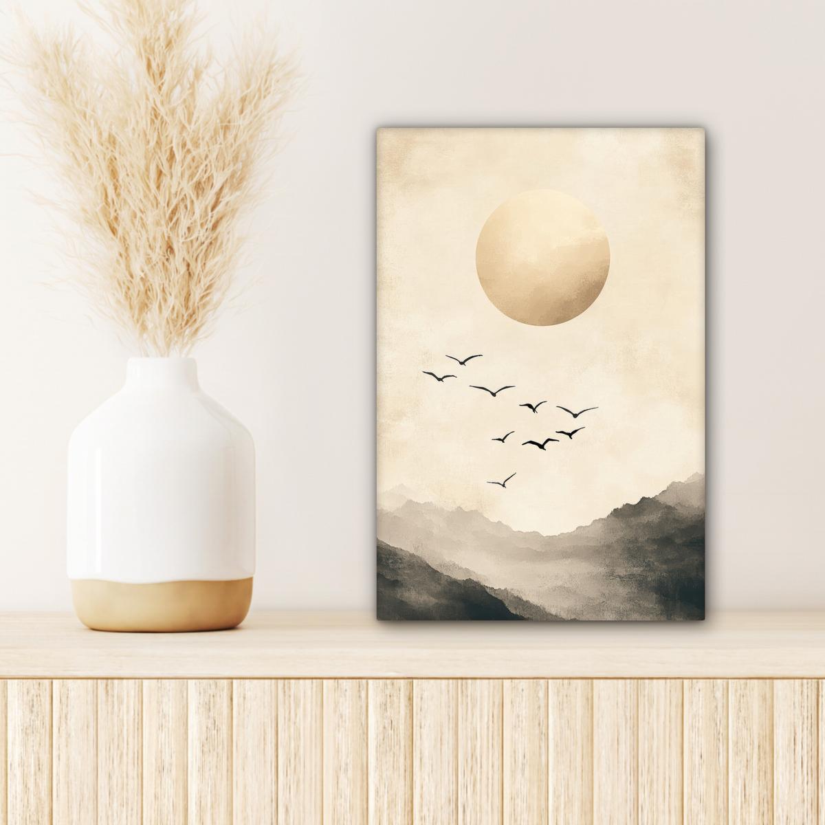 LEINWANDBILD Landschaft - Japandi - Vogel Deko Wohnzimmer 20x30 cm - Beige, Textil (20/30cm) - MuchoWow
