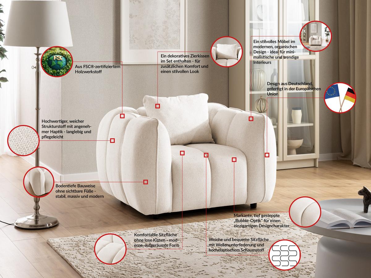 SESSEL Nubira in tief gesteppter Bubble-Optik aus weichem Creme Strukturstoff im modernen Design - Creme/Schwarz, Holz/Kunststoff (115/69/89cm) - S-Style Möbel