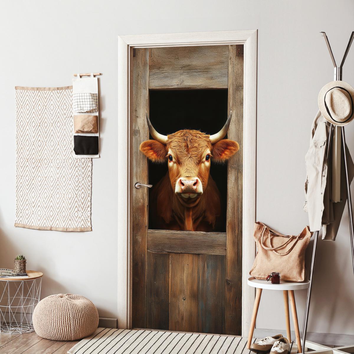 TÜRAUFKLEBER Kuh - Fenster - Holz - Tiere Room Decor 85x205 cm - Türtapete - Wengefarben, Kunststoff (85/0.1cm) - MuchoWow