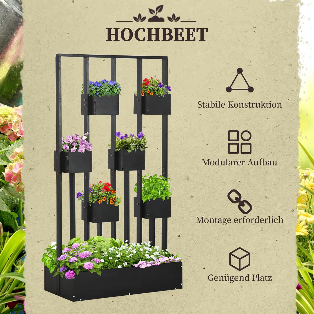 BLUMENKASTEN, Hochbeet, Pflanzkasten mit Rankhilfe Wand-Gemüsebeet Holz - Schwarz, Holz (45/170/90cm) - Outsunny