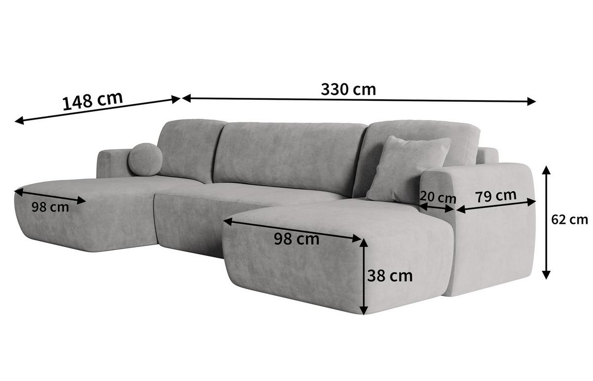 WOHNLANDSCHAFT SENTUM K Grau Plüsch-Stoff mit Schlaffunktion - Schwarz/Grau, Holz/Kunststoff (330/90/148cm) - MASSENO