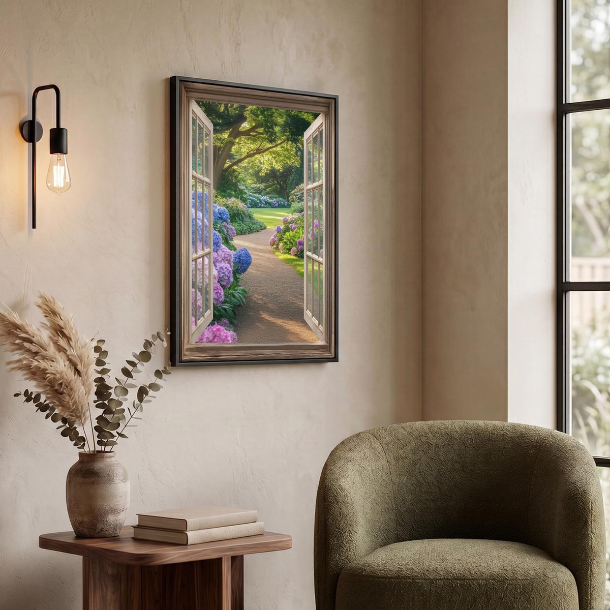LEINWAND Bilder mit Rahmen - Aussicht - Garten - Fenster - Hortensie - Blumen - 60x80 - Pastellblau, Textil (60/80cm) - MuchoWow