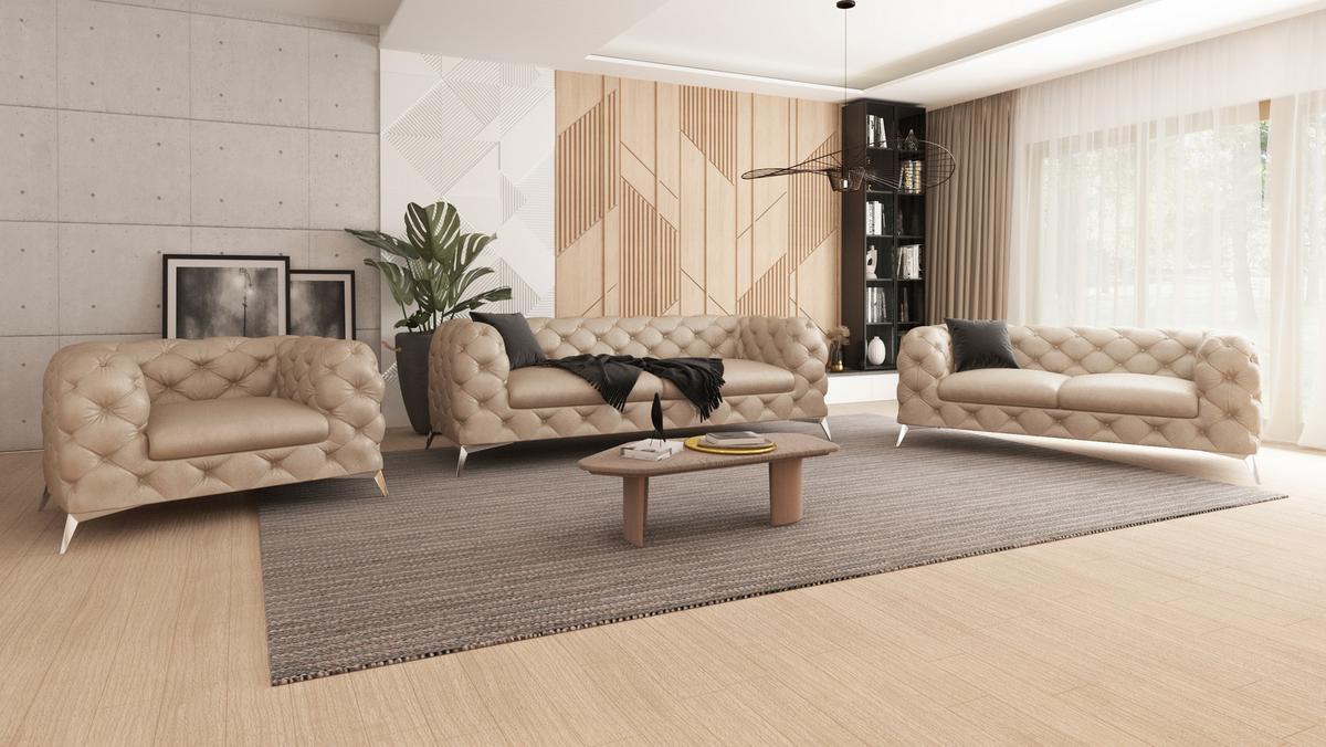 SITZGARNITUR 3+2+1 Chesterfield Quantum Beige Samt - Beige/Silberfarben, Holz/Textil (225/75/100cm) - S-Style