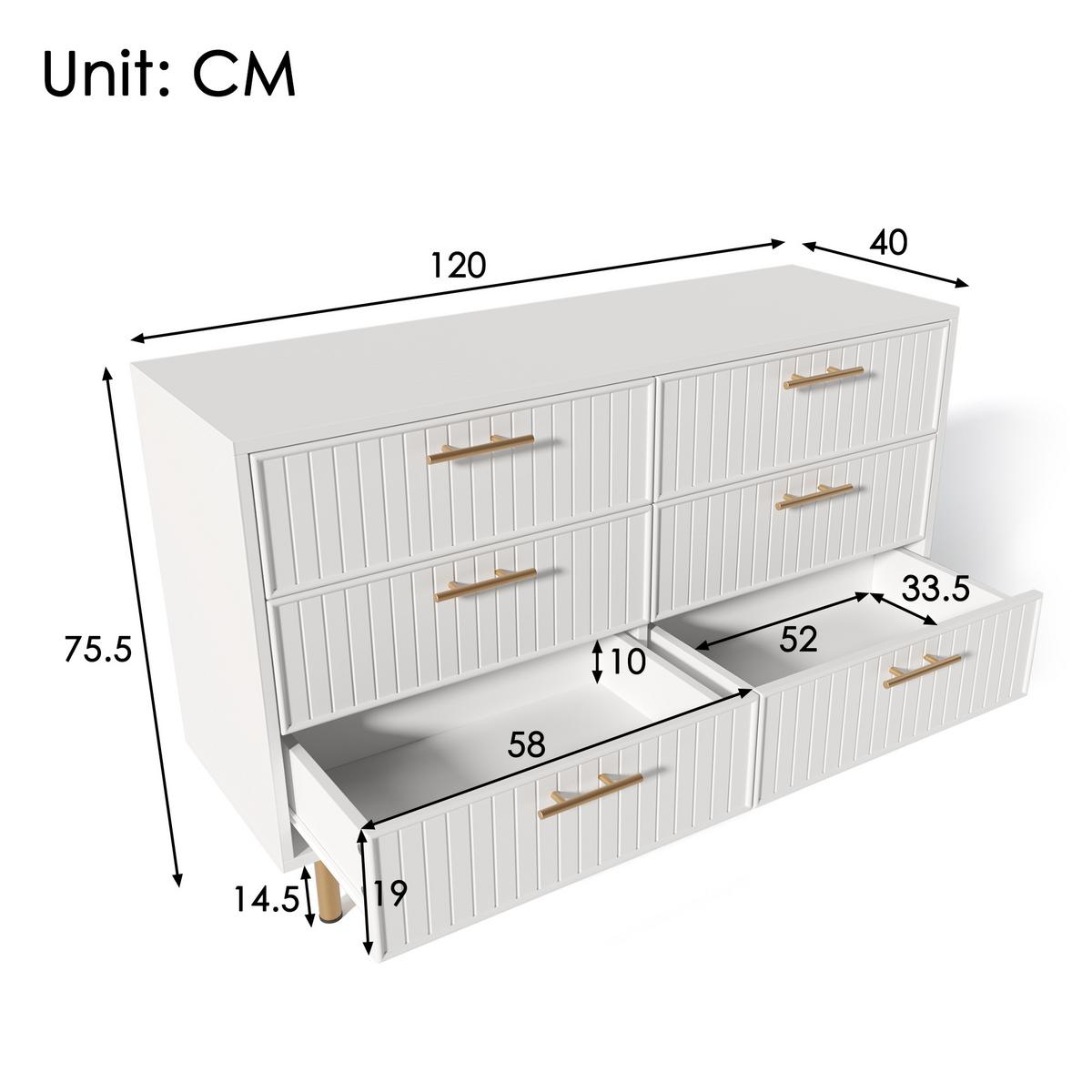 SIDEBOARD holzwerkstoff weiß mit geriffelter front & 6 schubladen - Weiß, Holzwerkstoff (120/40/75cm) - Urban Meuble