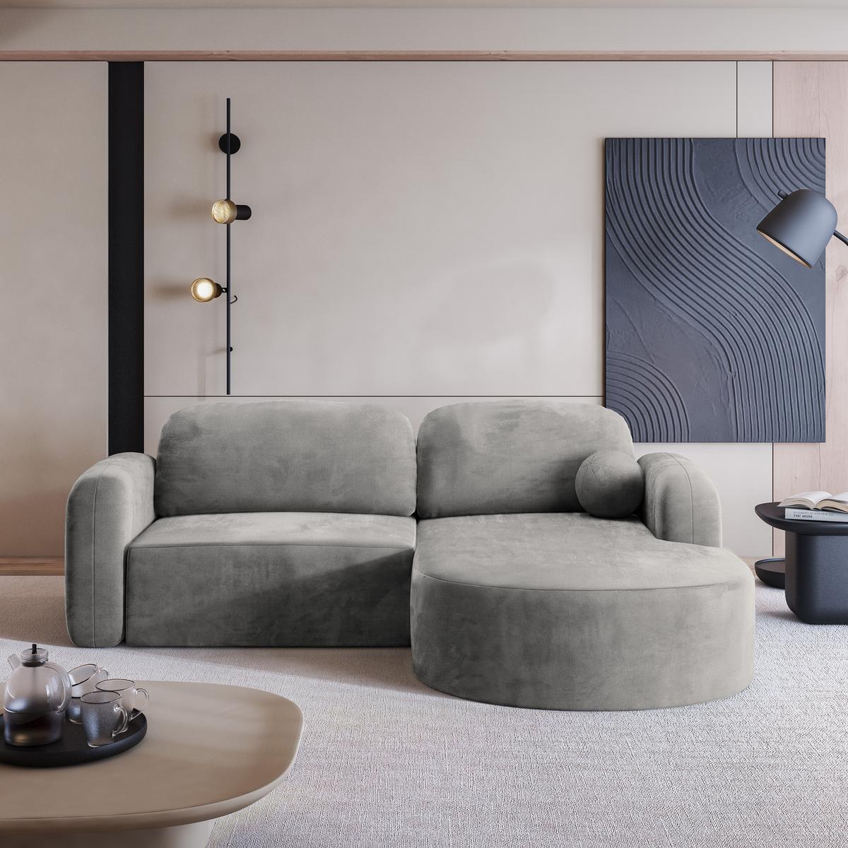 ECKSOFA AMILIA M R-S Hellgrau Velours-Stoff mit Schlaffunktion - Hellgrau, Holz (263/174cm) - MASSENO
