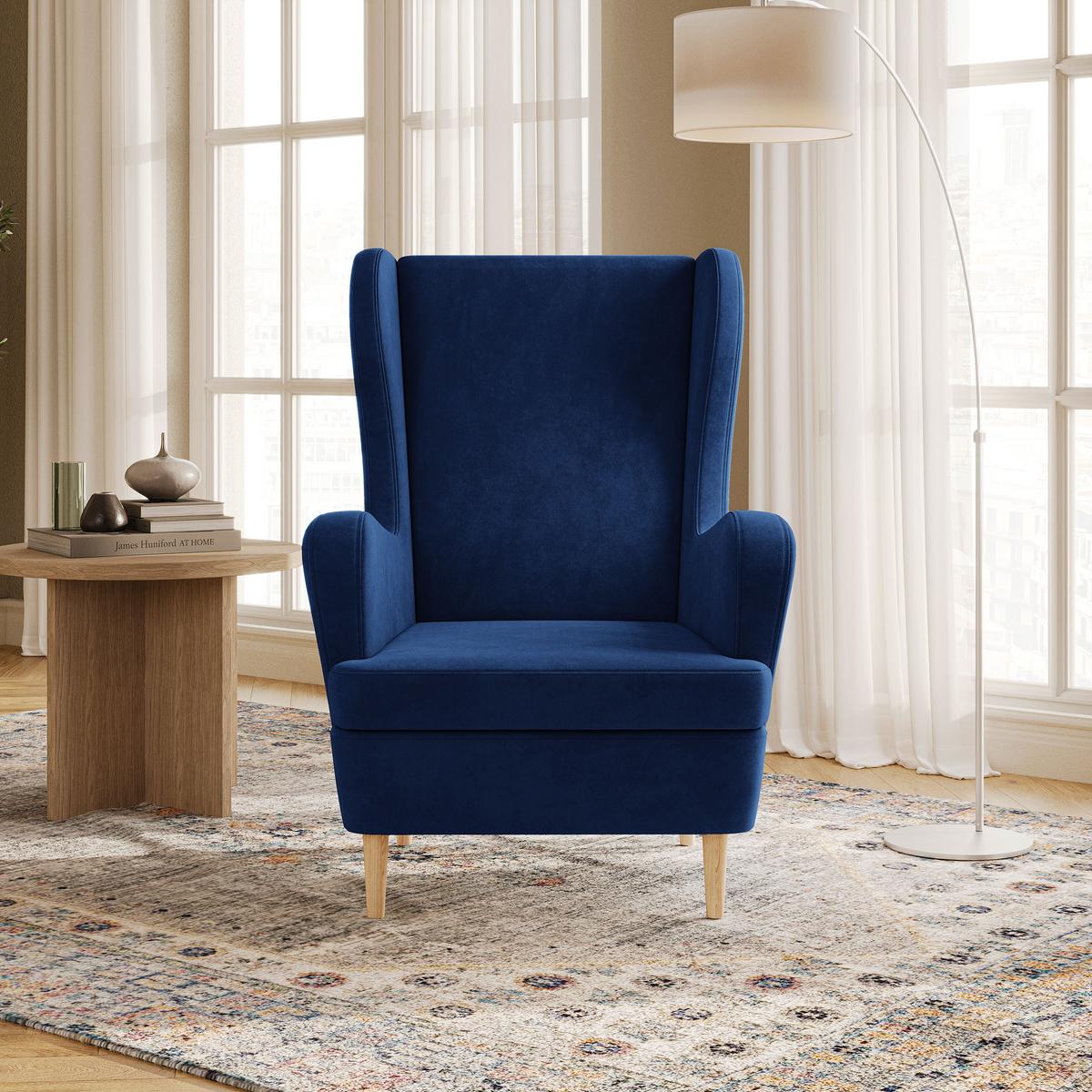 SESSEL VOGERA Ohrensessel Polstersessel, Blau - Blau/Eichefarben, Holzwerkstoff (78/103/85cm) - MASSENO