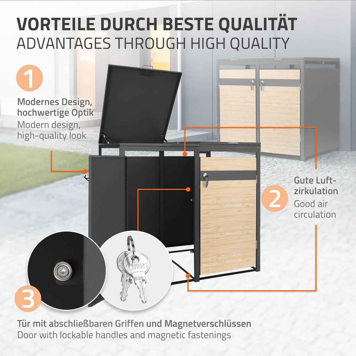 MÜLLTONNENBOX 3er Anthrazit-Holzoptik - Hellbraun, Metall (200/120/80cm) - ML-DESIGN