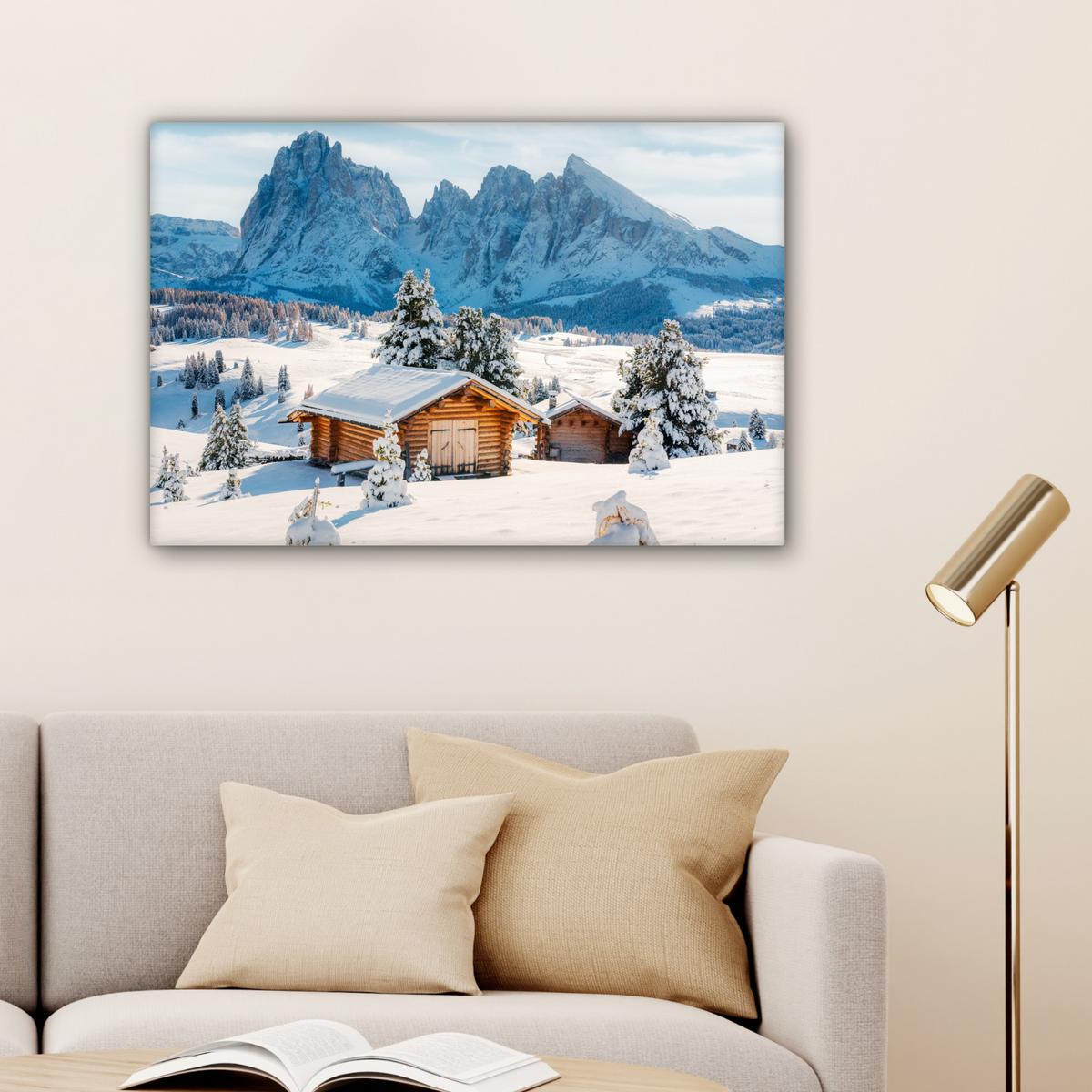LEINWANDBILD Winter - Hütte - Berge - Aussicht - Schnee Wanddeko 90x60 cm - Eichefarben, Textil (90/60cm) - MuchoWow