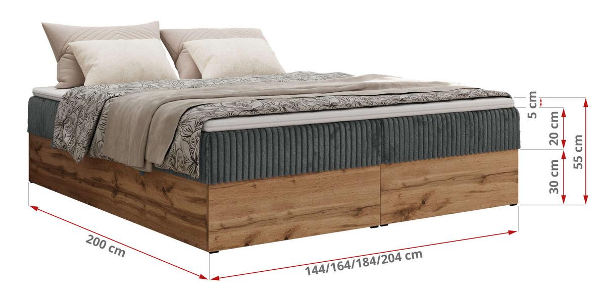 BOXBETT WOOD ZERO 180/200 - Grau Cord - H3 - Topper T25 - Grau, Textil (180/200cm) - MKS