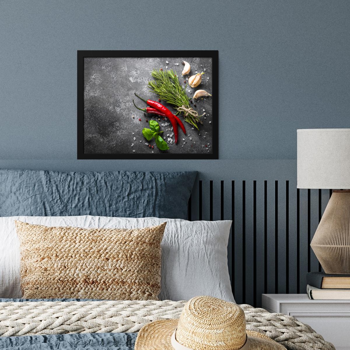 POSTER MIT RAHMENGERAHMTES BILD Pfeffer - Kräuter - Gewürze - Beton 40x30 cm - Dunkelgrau, Papier (40/30cm) - MuchoWow