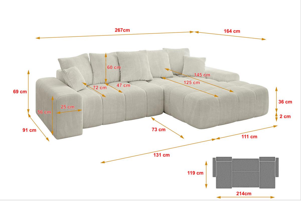 ECKSOFA Ottomane Rechts ENSI-L - 267x164x69 cm Creme - Ecru/Creme, Holzwerkstoff/Kunststoff (164/267cm) - ALTDECOR