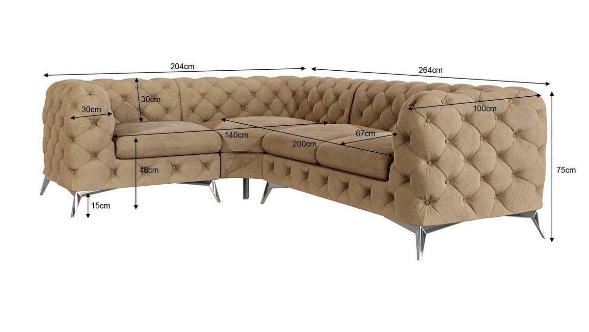 ECKSOFA Chesterfield Laura Beige Samt, Ottomane Links - Beige/Silberfarben, Holz/Textil (264/204cm) - S-Style Möbel