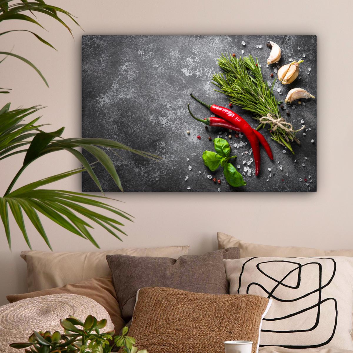 LEINWANDBILD Pfeffer - Kräuter - Gewürze - Beton Wanddeko 90x60 cm - Dunkelgrau, Textil (90/60cm) - MuchoWow