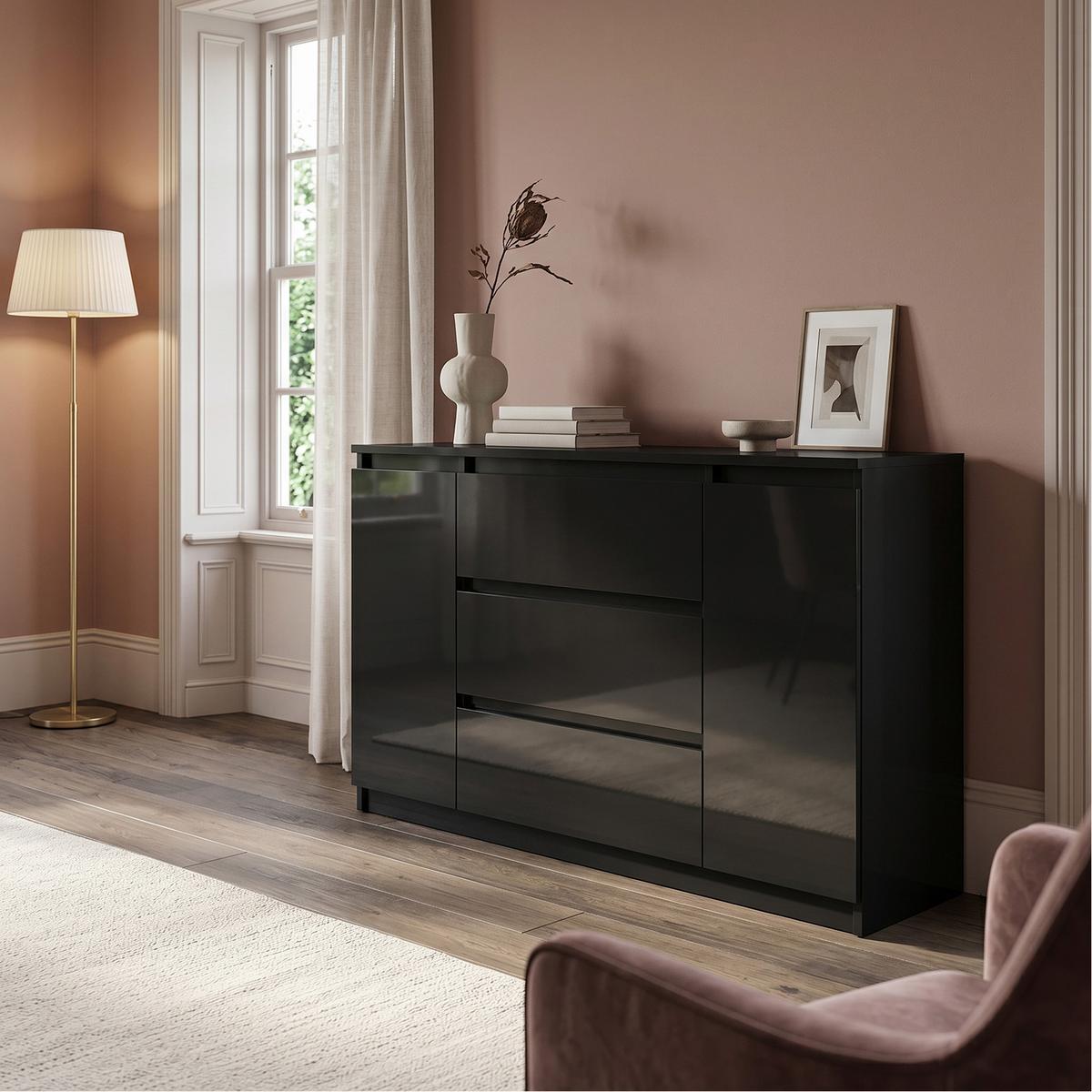 KOMMODE NUDO 120/78,5/39cm mit 3 Schubladen 2 Türen Schwarz - Schwarz Hochglanz/Schwarz, Holzwerkstoff (120/78.5/39cm) - MASSENO