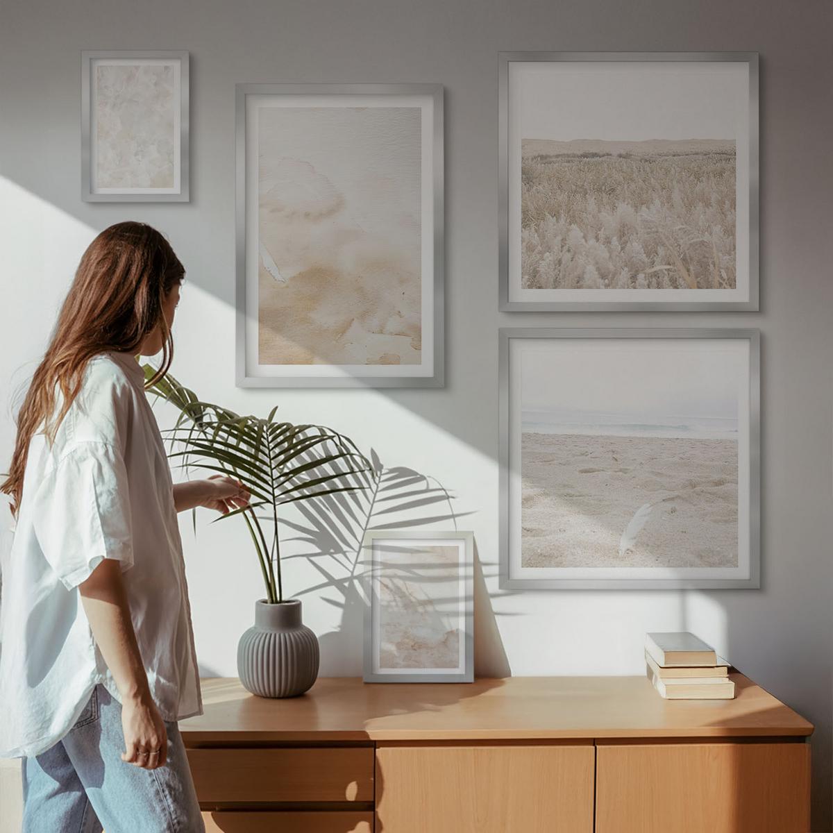 BILDER SET 5er Set - 50x50 cm & 20x30 cm & 40x60 cm Silberner Rahmen - Modische Pastelltexturen - Silberfarben, Kunststoff (40/60cm) - TULUP